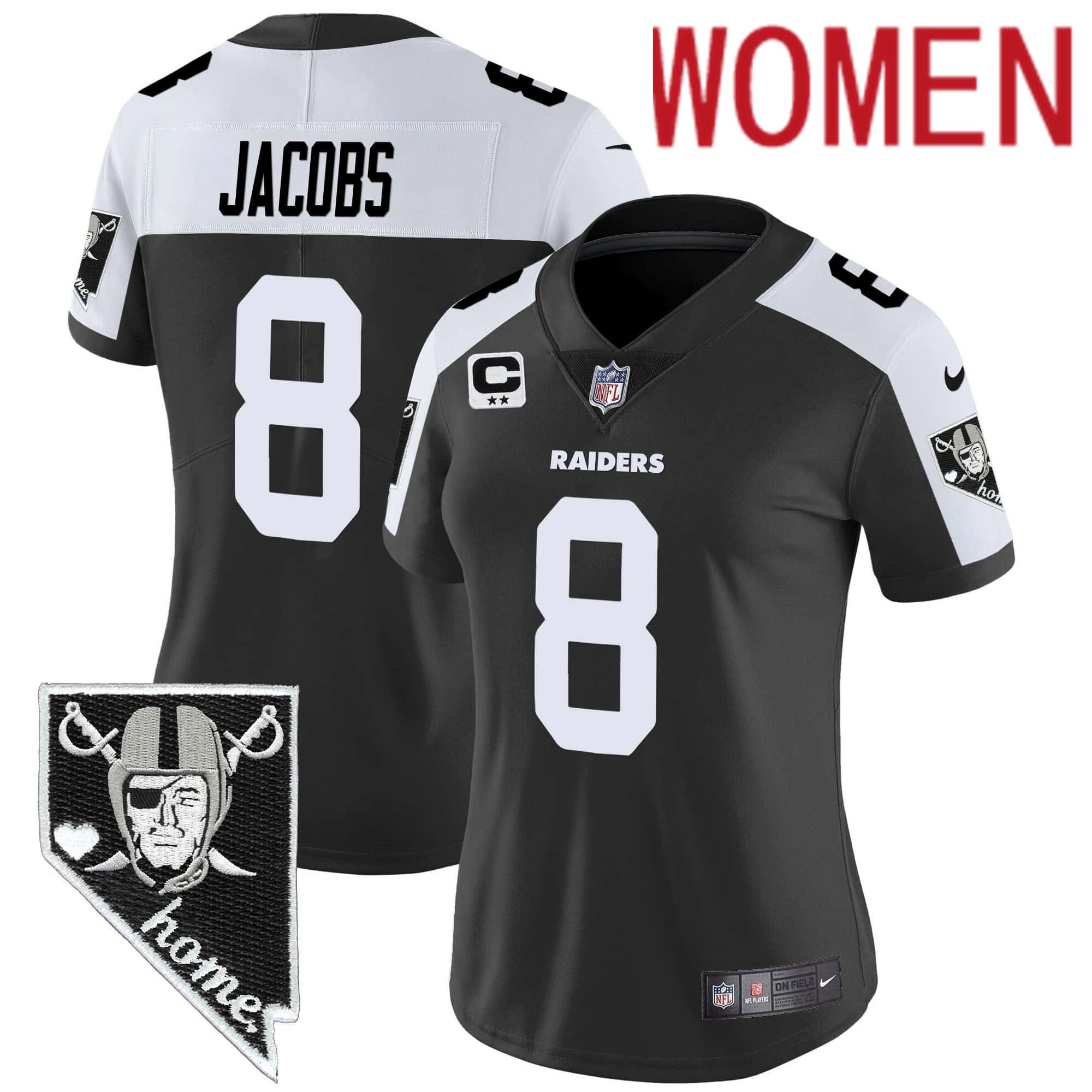 Women Oakland Raiders 8 Jacobs Black 2024 Nike Nevada Home Patch Vapor NFL Jersey